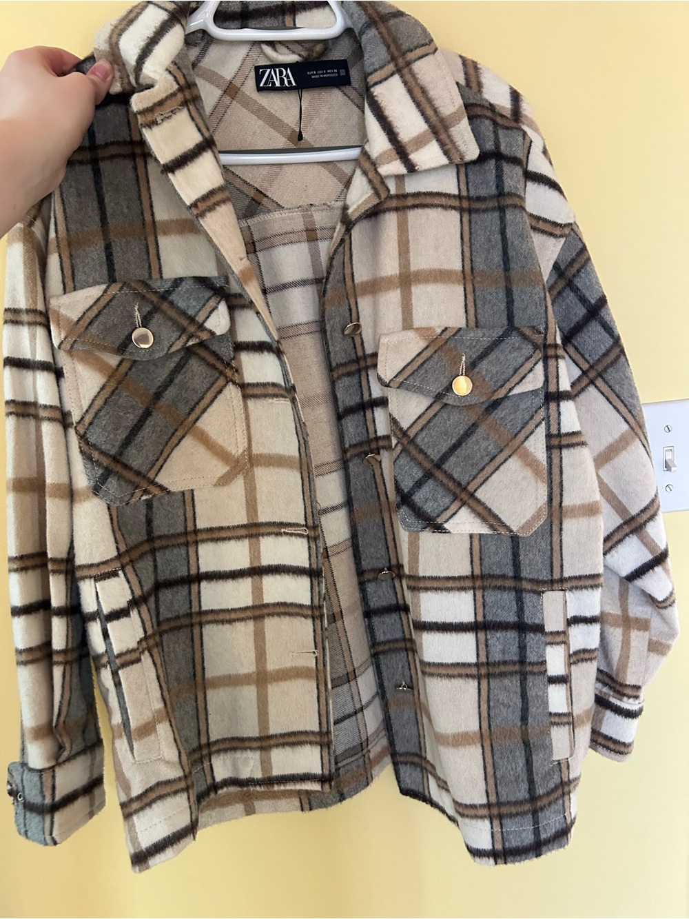 Zara Beige and Cream Plaid Shacket with Button Details